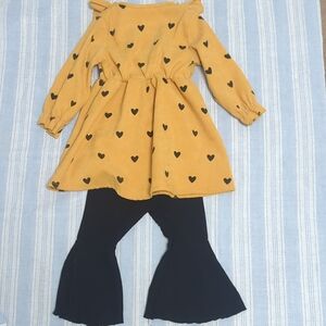 SHEIN Yellow Heart Print Dress and Black Flare Pants Set